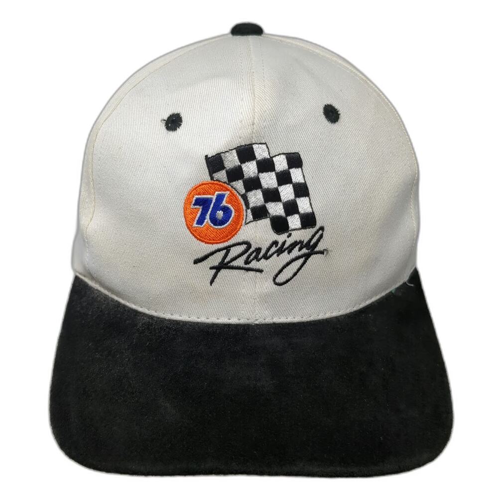 KC 76 Racing Baseball Cap White One Size Checkered Flag Suede Brim Slideback Hat